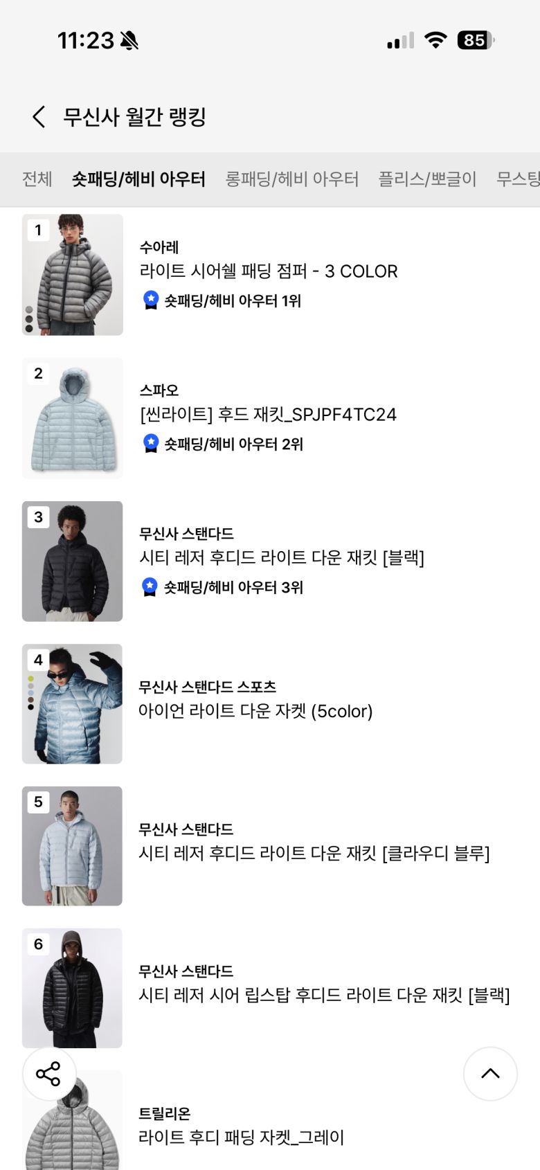 무신사 플랫폼 내에서 10월 숏패딩 인기 상품 랭킹. 무신사 제공