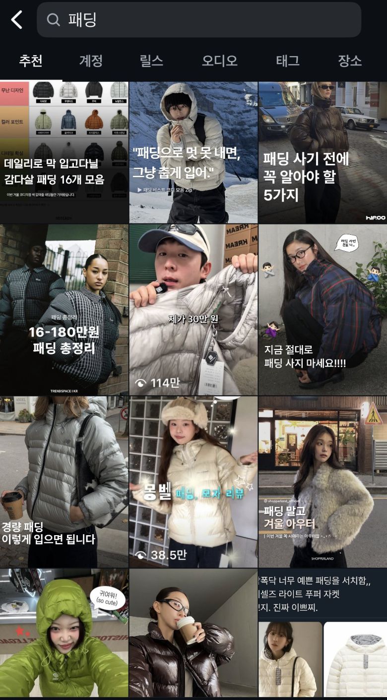 인스타그램에서 ‘패딩’을 검색하면 다양한 색상의 패딩 리뷰가 게시돼 있다. 인스타그램 캡처