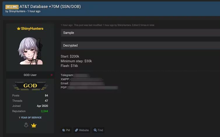 AT&T의 고객 데이터를 해킹해 데이터 판매를 광고하고 있는 샤이니헌터스. 블리핑컴퓨터 갈무리