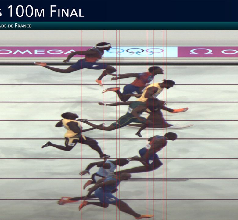 2024년 파리 올림픽 남자 육상 100m 결선 최종 순위 판독 사진. 파리 올림픽 때는 1초당 사진 4만 장을 찍는 초고속 카메라로 최종 순위를 결정했다. 오메가 제공