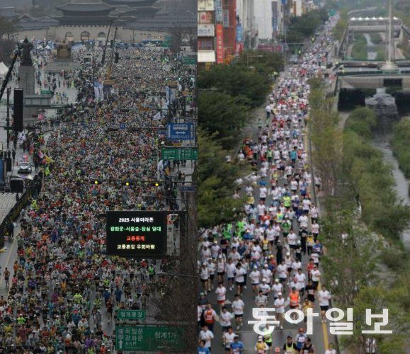 2025 서울마라톤 겸 제95회 동아마라톤 참가자들이 서울 광화문을 출발해(왼쪽 사진) 청계천을 달리고 있다. 동아일보 DB