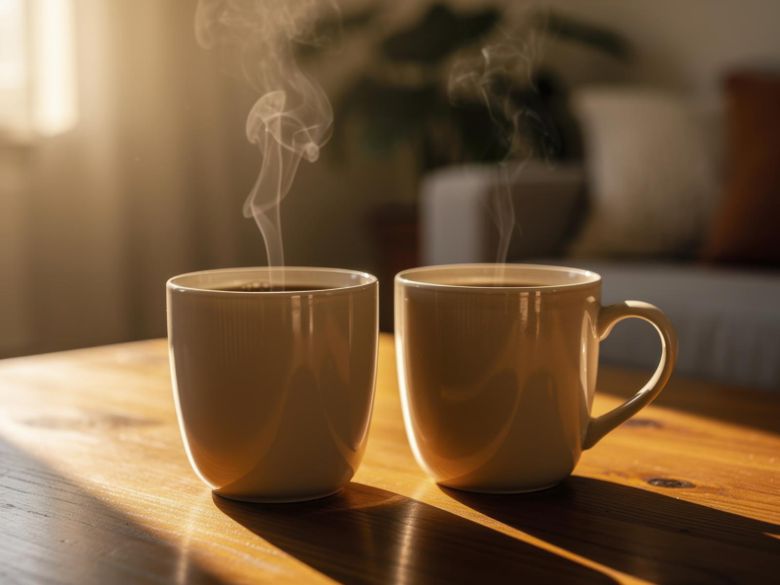 아침 햇살이 비치는 테이블 위의 커피 두 잔. 공복 커피 대신 식사 후나 간단한 섭취 뒤 커피를 마시는 루틴이 대안으로 제시된다. 게티이미지뱅크