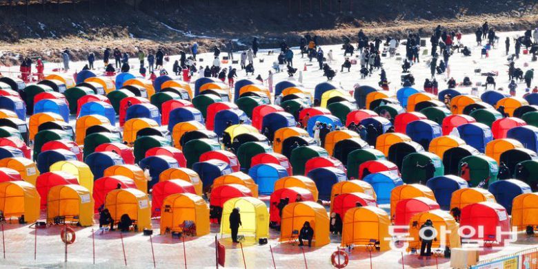 평창송어축제가 9일 개막해 다음달 9일까지 열린다. 사진은 지난해 축제장의 텐트낚시터와 얼음낚시터 풍경. 평창송어축제위원회 제공