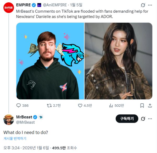 일부 뉴진스 팬이 “뉴진스를 구해달라”는 캠페인을 벌인다는 기사에 “내가 뭘 해야 하지?”라고 반응하는 미스터비스트. 엑스 갈무리