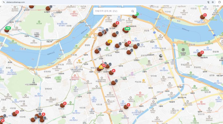 두쫀쿠 맵 사이트. 수도권 내 두바이 디저트를 판매하는 카페 위치와 재고 현황 등을 한눈에 확인할 수 있는 서비스다. 공식 사이트 캡처