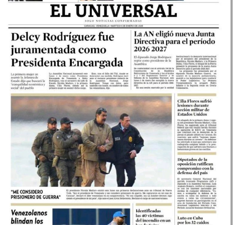 마두로 대통령의 이송 모습을 보도한 베네수엘라 신문.