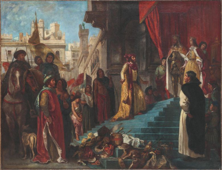 콜럼버스가 스페인 궁정에 전리품을 바치는 장면을 그린 외젠 들라크루아의 ‘크리스토퍼 콜럼버스의 귀환’(1839년)은 낭만주의 회화의 걸작으로 꼽힌다. ⓒToledo Museum of Art