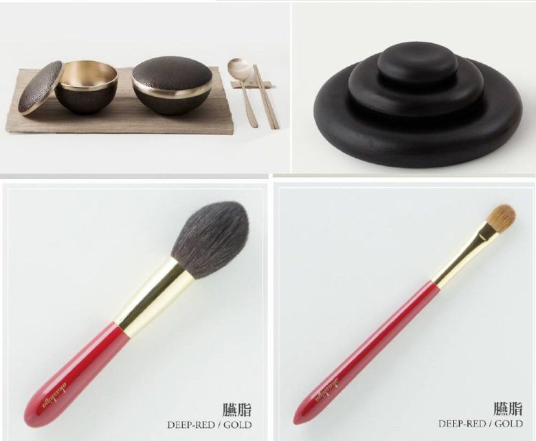 유기 옻칠 반상기와 접시 세트(위쪽), 아카시야 화장 붓 모습. 정상 배우자에게 전달된 선물이다.  뉴시스