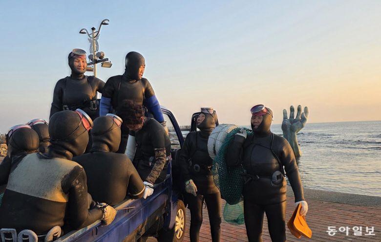 일출 무렵 호미곶에 나온 해녀들. 포항=김선미 기자 kimsunmi@donga.com