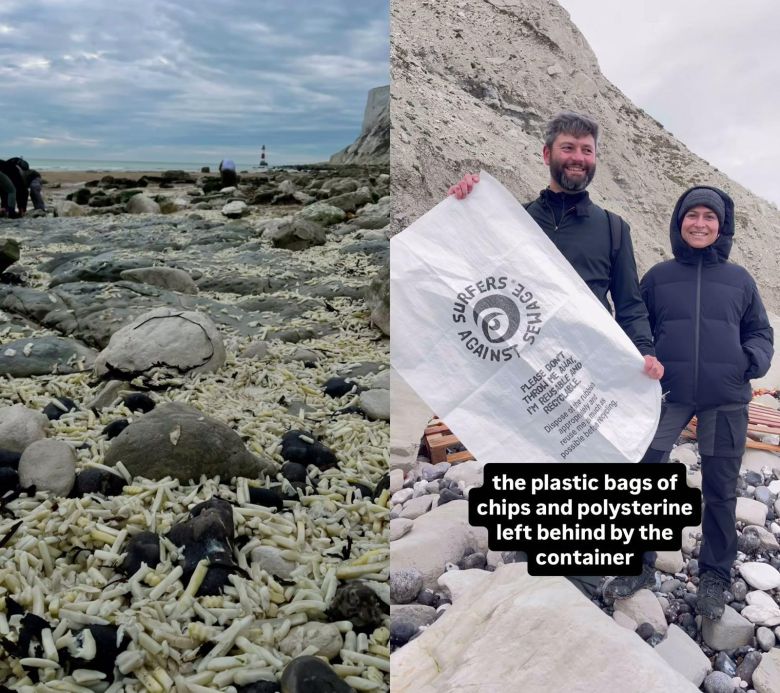 감자튀김으로 뒤덮힌 해변(왼쪽)과 해변 정화 작업에 나선 자원봉사자들(오른쪽). 페이스북 @plasticfreeeastbourne