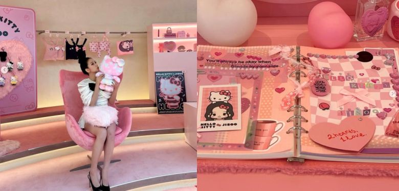 헬로키티×지수 협업 팝업 스토어 내부 전경. ‘교환일기’ 콘셉트를 적용한 공간에 인형과 키링 등 굿즈가 전시돼 있다. 지수 인스타그램 갈무리