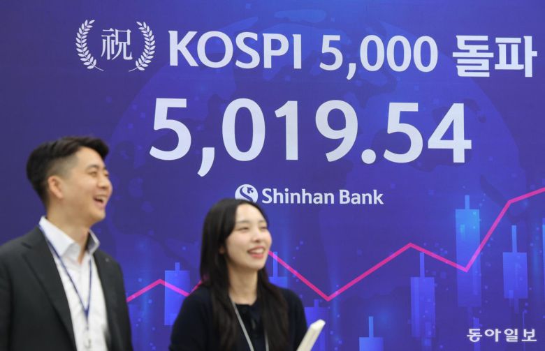 22일 코스피 사상 최고가인 5019.54가 송출되는 서울 중구 신한은행 본사 로비 전광판 앞에서 직원들이 환하게 웃고 있다. 신원건 기자 laputa@donga.com
