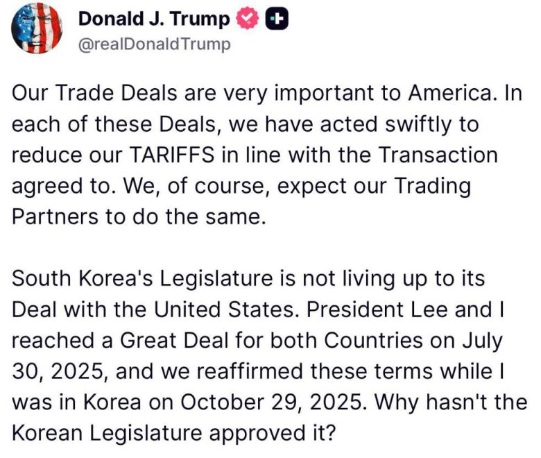트럼프 대통령이 SNS에 올린 ‘한국 관세 협상’.  트루스소셜 캡처