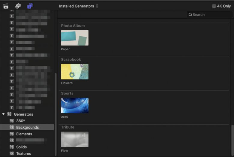 ‘Generator -> Backgrounds’를 클릭하여 그린스크린에 합성할 배경을 선택할 수 있다.