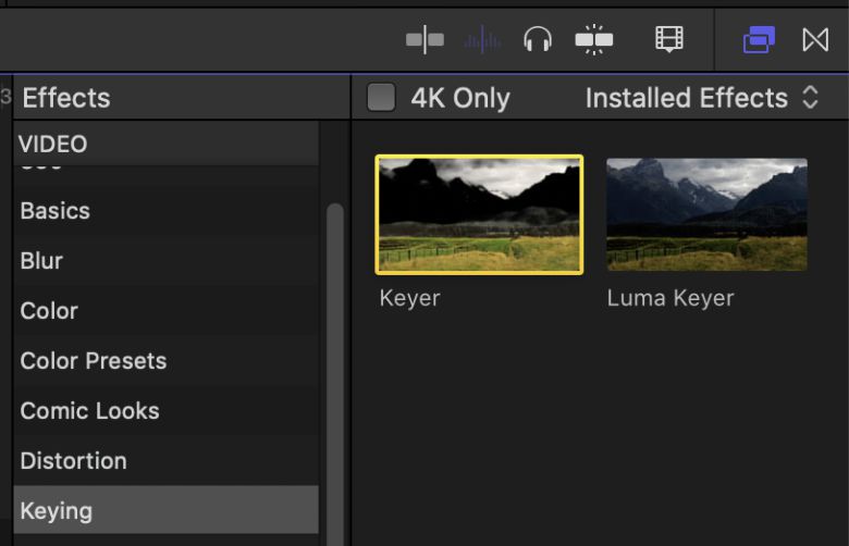 타임라인에 배치된 영상소스를 선택한 뒤 ‘Effect -> Keying -> Keyer’의 순서로 클릭하자.