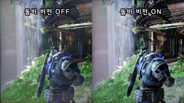 ‘기어스 5’는 돌비 비전과 돌비 애트모스를 지원하는 게임이다. 돌비 비전이 적용 안 된 화면은 뿌연 느낌이지만, 돌비 비전이 적용된 화면은 선명하고 어두운 곳까지 정확히 구분된다.