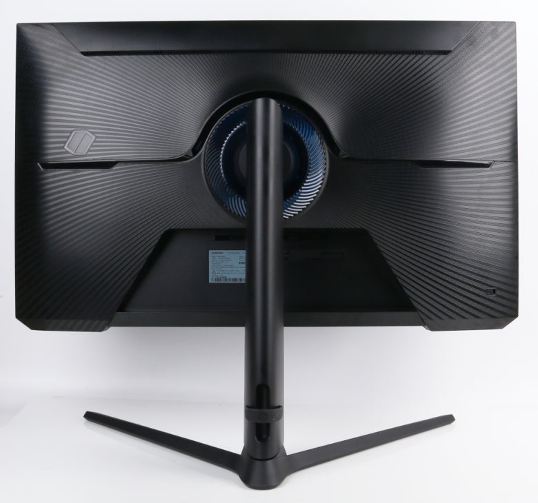 오디세이 게이밍 모니터 디자인이 적용되었다. 특히 스탠드 연결 부분에 투명한 푸른 부분이 눈에 띈다.