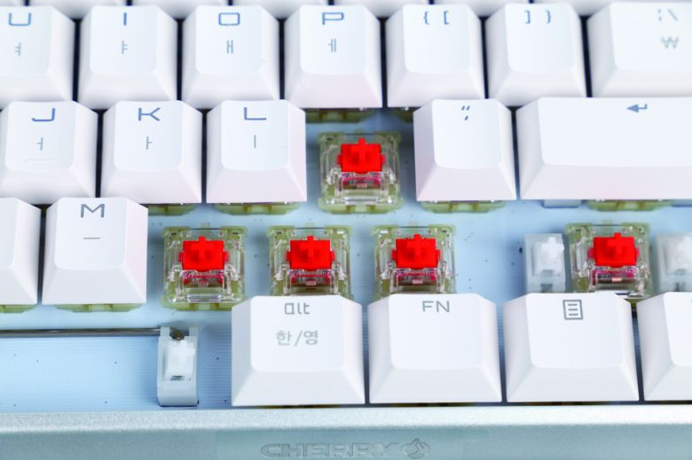 일반 체리 적축 스위치. MX Board 3.0S는 체리 특유의 ‘무보강’ 구조가 적용되어 보강판을 때리는 소음과 반발력이 발생하지 않는다.