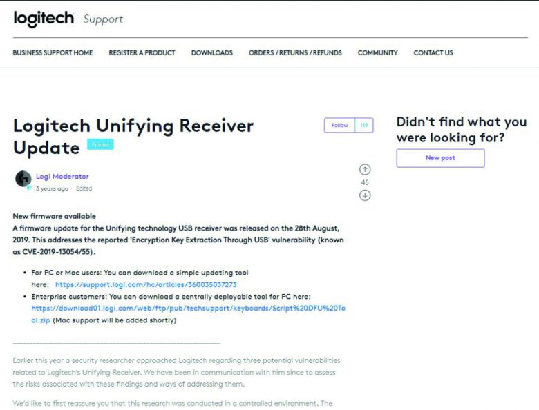 ‘유니파잉’ 연결의 보안 취약점을 언급하고 있는 로지텍 영문 공식 홈페이지. 해당 페이지에서 로지텍이 밝힌 바에 따르면, 유니파잉 기술을 통한 페어링을 시도할 때 10m 이내에 위치한 공격자가 암호화 키를 탈취할 수 있고, 이후 키보드에 입력하는 정보를 도청할 수 있다.