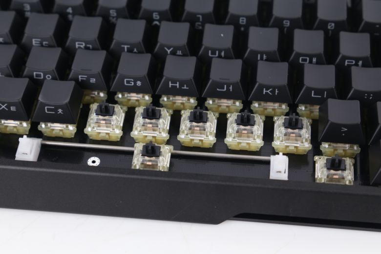 보강판이 없는 ‘무보강’ 구조. 윤활된 체리 스테빌라이저가 적용되었으며 RGB 흑축 스위치가 역방향 삽입되었다.