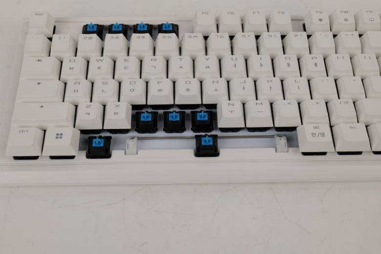 논 RGB 스위치에 무보강 구조, 밖에서는 ‘비키’ 스타일처럼 보이지만 보강판이 없고 기판이 들어나 있다.