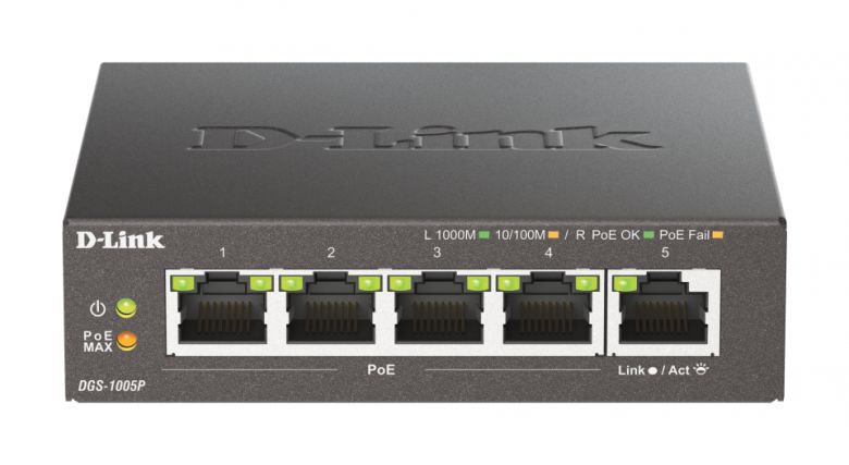 DGS-1005P. 5포트(4포트 PoE, 1포트 이더넷) 구성을 지녔고 PoE 용량은 60W다. 포트별 기가비트급 속도를 지원한다.