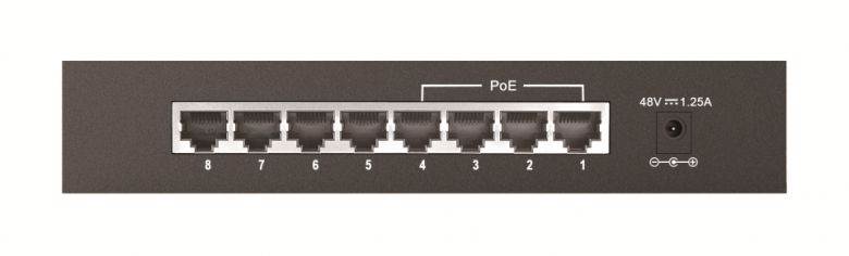 DES-1008P. 8포트(4포트 PoE / 4포트 이더넷) 구성을 지녔고 PoE 용량은 58W다. 포트별 지원 속도는 100메가다.