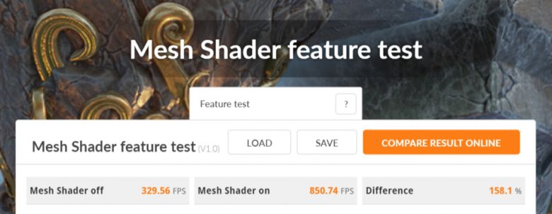 메쉬 쉐이더 벤치마크 결과다. 메쉬 쉐이더 off에서 329.56FPS, 메쉬 쉐이더 on에서 850.74FPS를 기록했다.