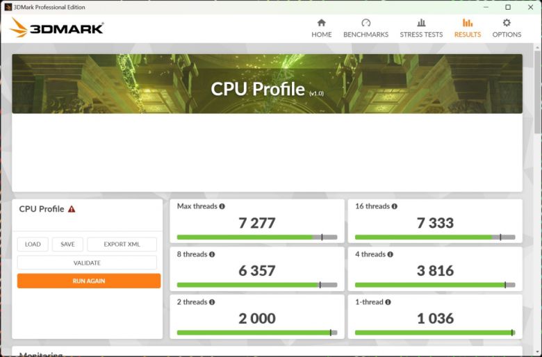 3DMARK CPU 프로파일은 스레드 개수에 따른 성능을 측정해준다. 단일 스레드는 1,036점, 최대 스레드(16 스레드)는 7,277점을 획득했다.