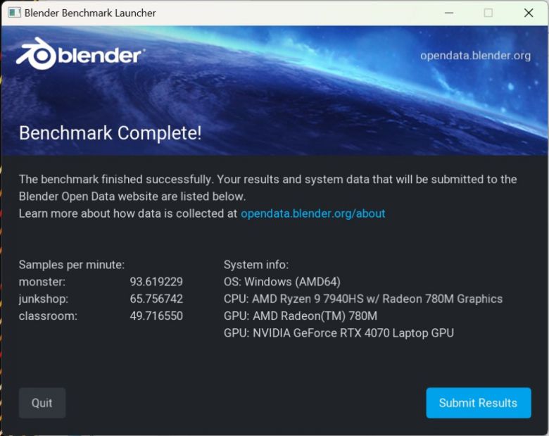 블랜더 벤치마크로 3D 렌더링 성능을 확인해봤다. 분당 샘플링 횟수를 측정한 결과 몬스터 93.6회, 정크샵 65.7회, 클래스룸 49.7회를 기록했다.