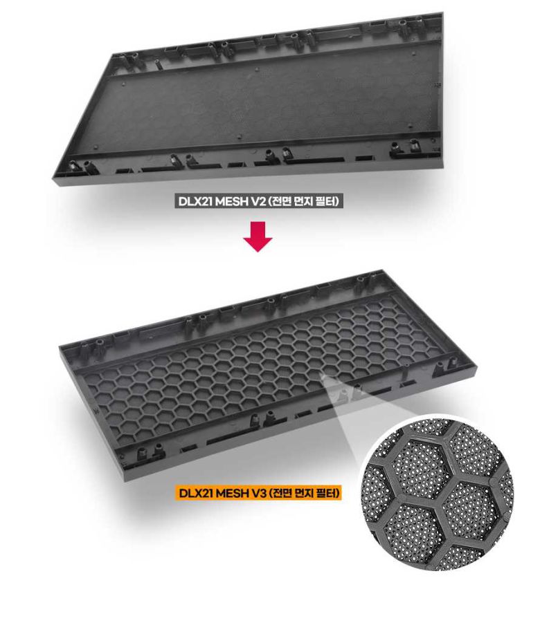 전면 먼지 필터의 위치를 패널 안쪽으로 이동시켜 두꺼운 쿨링팬을 설치할 수 있게 되었다.