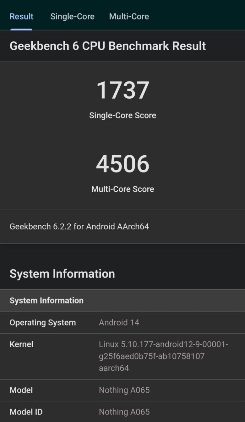 긱벤치 6를 통해 성능을 측정해보니 싱글 코어 1737점, 멀티 코어 4506점으로 확인됐다.