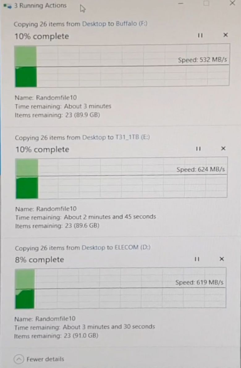 스틱형 외장 SSD 모두 초기(10%) 속도는 500~600MB/s 이상의 빠른 성능을 보여줬다.