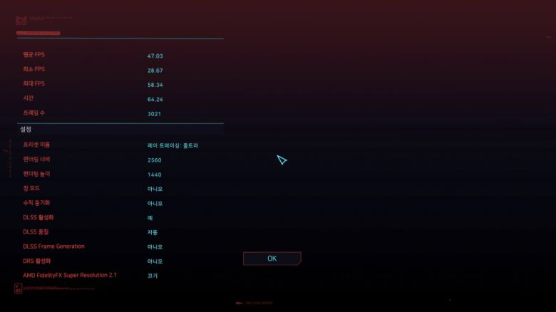 사이버펑크 2077 벤치마크: 평균 47.03프레임 (레이트레이싱 울트라, DLSS 자동 / QHD)