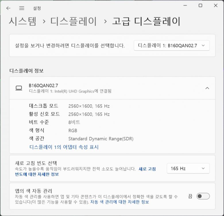 디스플레이는 서문에서 언급한 바와 같이 2560x1600 해상도에 165Hz를 지원한다.