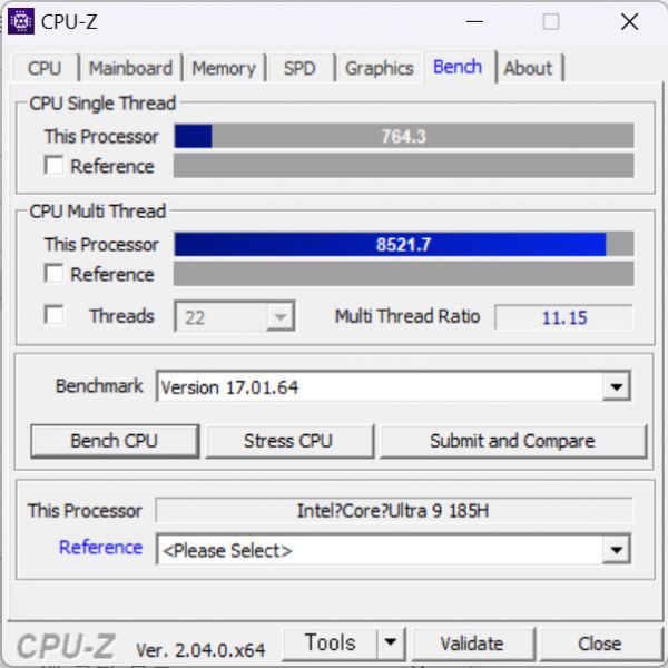 CPU-Z 벤치마크를 통해 인텔 코어 울트라 9 185H의 성능을 확인했다.