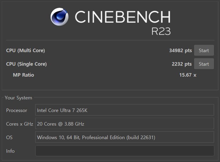 시네벤치 R23 벤치마크를 구동했다. 싱글 성능은 2,232점, 멀티 성능은 34,982점을 기록했다.