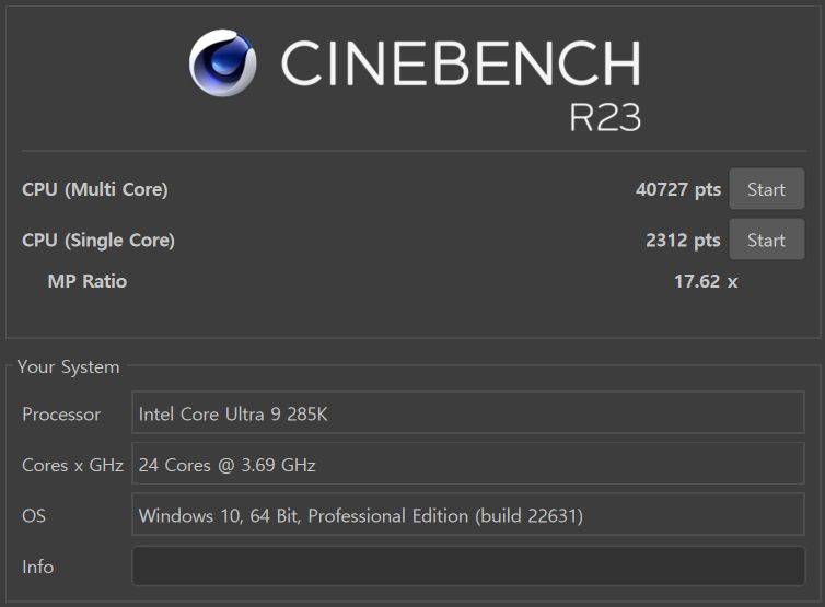 시네벤치 R23 벤치마크를 구동했다. 싱글 성능은 2,312점, 멀티 성능은 40,727점을 기록했다.