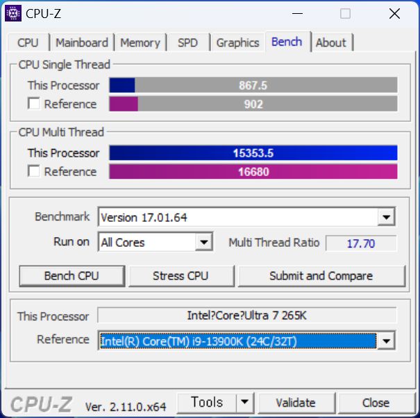 CPU-Z로 코어 울트라 7 265K의 기본 정보를 확인하고 벤치마크 테스트를 실행했다. 코어 울트라 7 265K의 싱글 스레드는 867.5점, 멀티 스레드는 15353.5점으로 측정됐다. 24코어 32스레드 구성인 코어 i9-13900K와 비교해도 떨어지지 않는 성능을 보여준다.