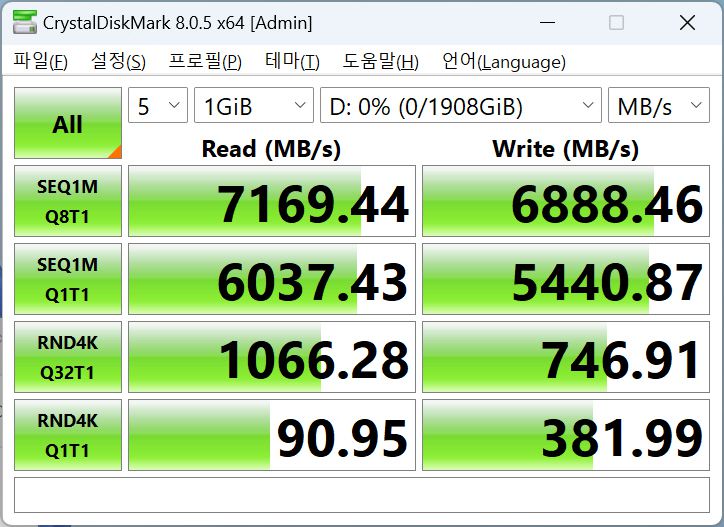 CrystalDiskMark 벤치마크 결과는 읽기 속도 7,169.44MB/s, 쓰기 속도 6,888.46MB/s로 측정되었다.