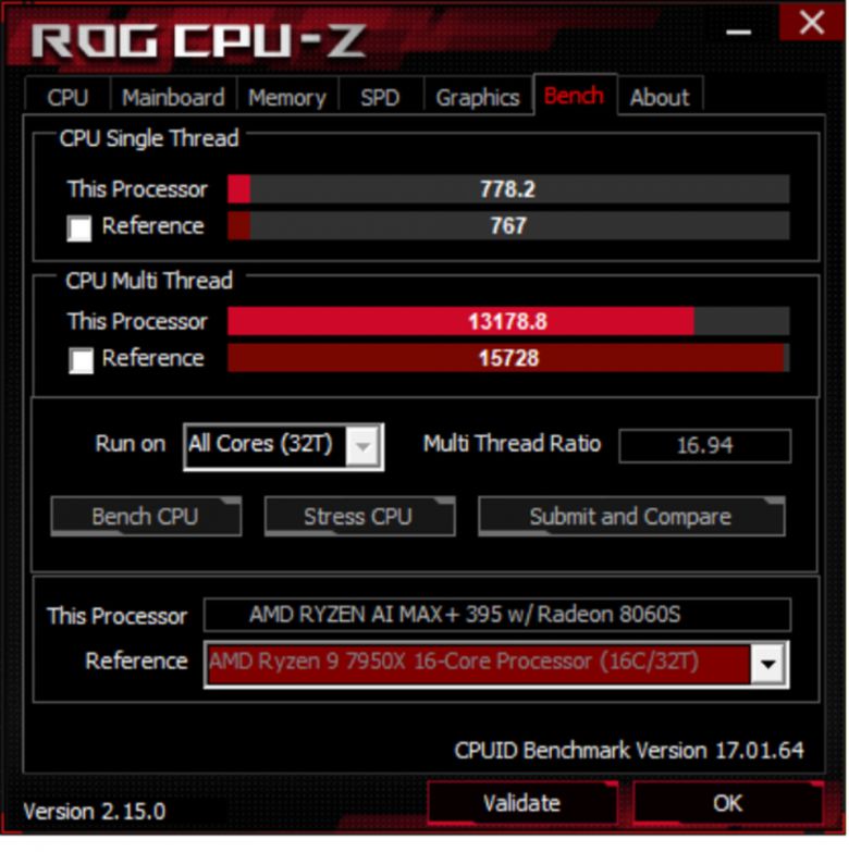 AMD 라이젠 AI MAX+ 395 프로세서가 탑재됐다. 16코어 32스레드이고 싱글 스레드 성능은 라이젠 9 7950X와 비슷하고 멀티 스레드 성능은 라이젠 9 5950X보다 높다.