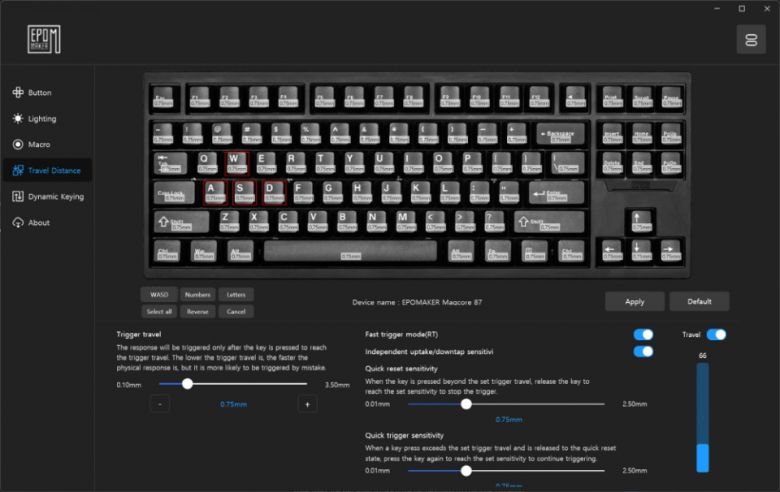원하는 키만 선택해 입력 높이나 빠른 해제 감도, 빠른 입력 감도 높이도 세세하게 설정할 수 있다. 옆에 Travel 설정에서 키 감도를 확인할 수도 있다.