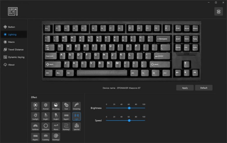 RGB 백라이트 효과나 밝기, 속도를 조절할 수 있다.