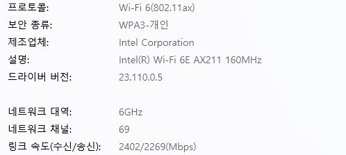 6GHz 대역으로 연결해보니 링크 속도가 2402Mbps로 확인됐다.