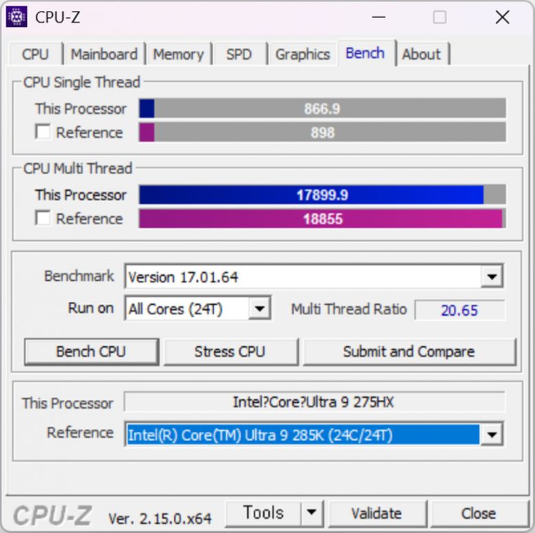 데스크톱용 인텔 코어 울트라 9 285K와 비교해도 부족하지 않은 성능이다.