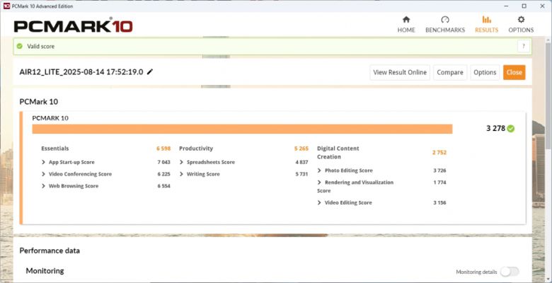 PCMARK 10 벤치마크에서는 3,278점을 기록했다.