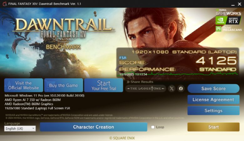 ‘파이널 판타지 14: 황금의 유산’ 벤치마크 결과다. FHD(1920x1080) 해상도에 스탠다드(랩톱) 옵션에서 ‘표준(4,125점)’을 기록했다. 온라인 게임 정도는 무리 없이 구동할 수 있는 성능이다.