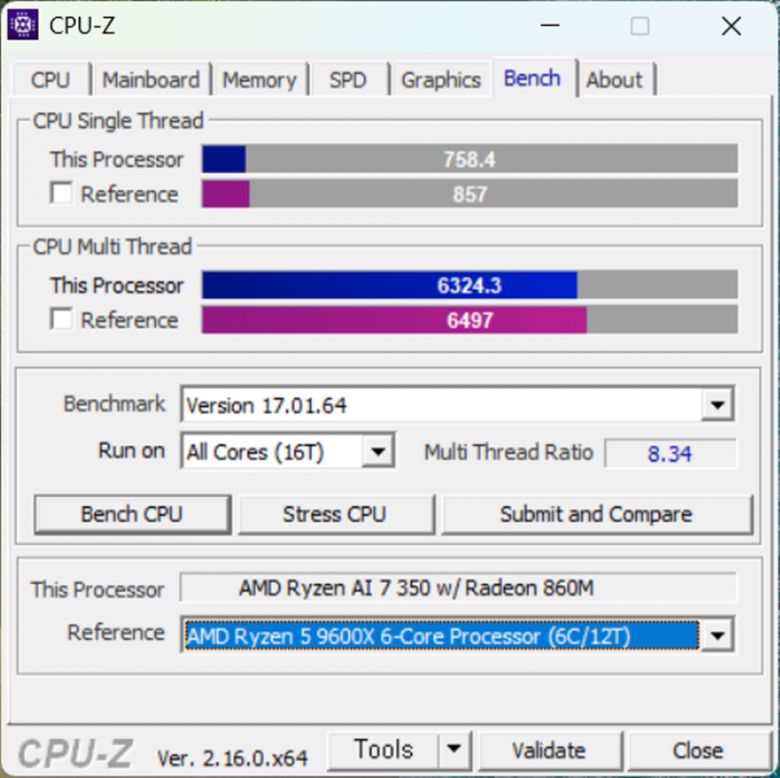 CPU 멀티 스레드 성능은 데스크톱용 AMD 라이젠 5 9600X와 비슷하다.