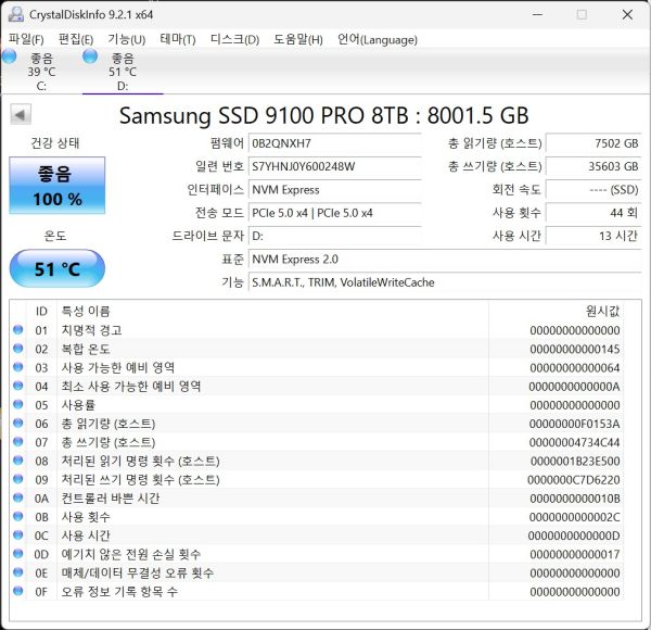 CrystalDiskInfo 9.2.1에서 SSD 정보를 확인했다. NVM Express 인터페이스 기반으로 S.M.A.R.T를 지원한다.