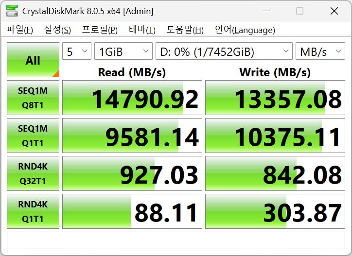 읽기 속도 14,790.92MB/s, 쓰기 속도 13,357.08MB/s로 매우 빠른 속도를 자랑한다.